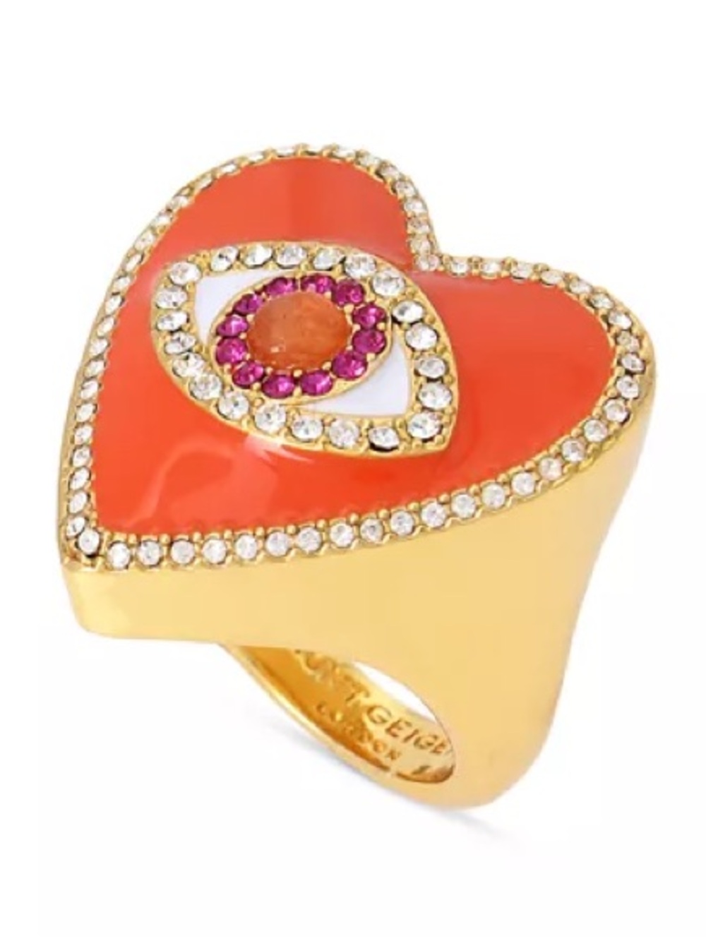 Kurt Geiger Evil Eye Heart Cocktail Ring Gold Tone Orange Enamel Size 7